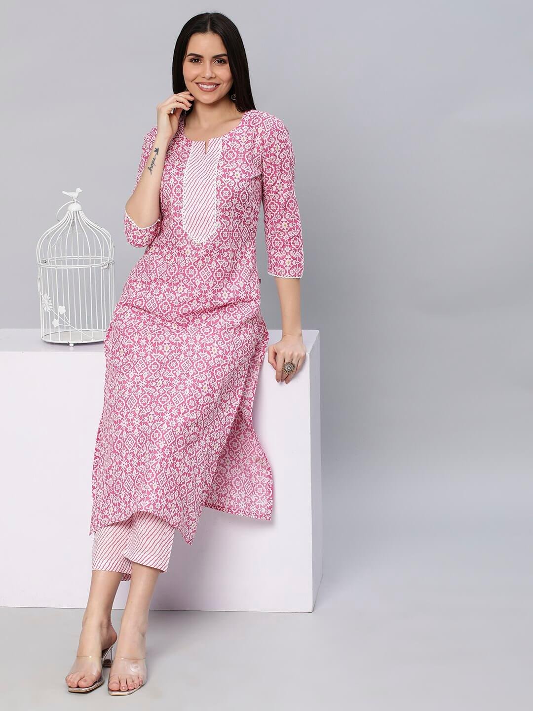 BUY Cotton kurti Blend Straight Printed Kurta with Pant Set1